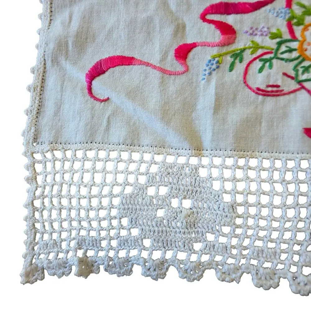Vintage Floral Basket Embroidered Dresser Scarf Linen Runner Double Sided 32